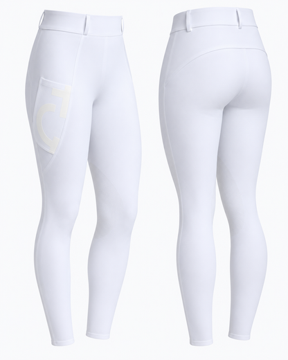 Cavalleria Toscana CT PAD222 ladies white riding leggings, front and back views showing high waistband, CT logo side pocket, fitted stretch fabric and knee grip detailing.