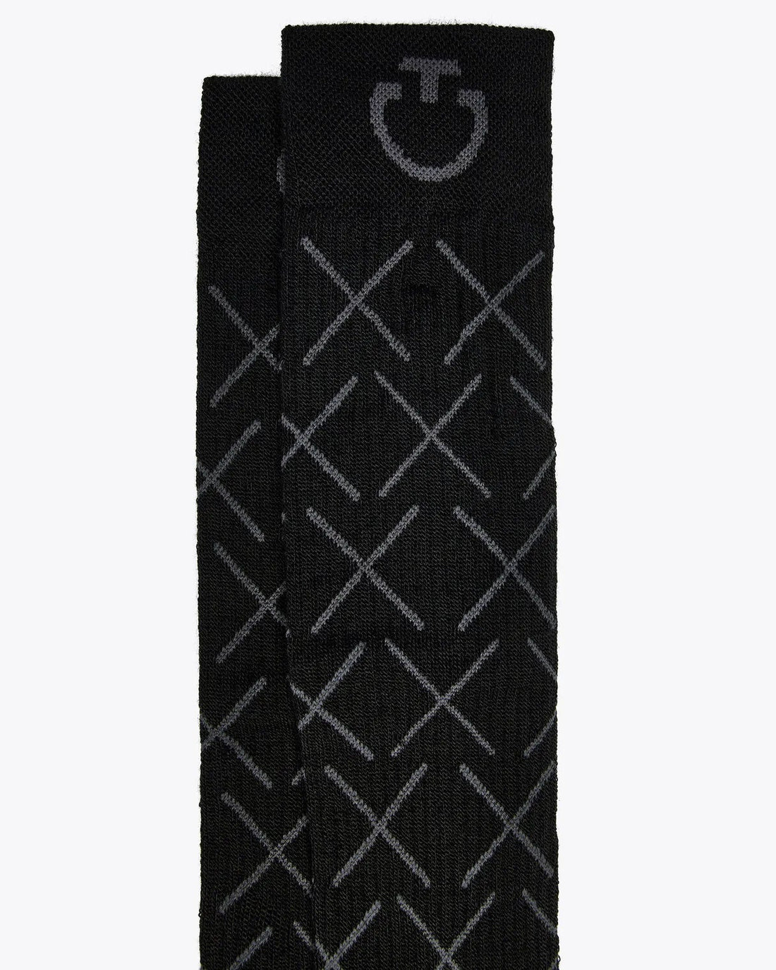 Close-up of Cavalleria Toscana CT Wool Riding Socks featuring an all-over geometric cross pattern, ribbed cuffs and signature CT logo detailing.