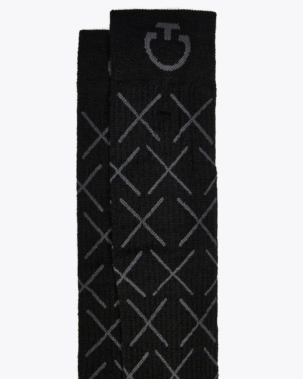 Close-up of Cavalleria Toscana CT Wool Riding Socks featuring an all-over geometric cross pattern, ribbed cuffs and signature CT logo detailing.