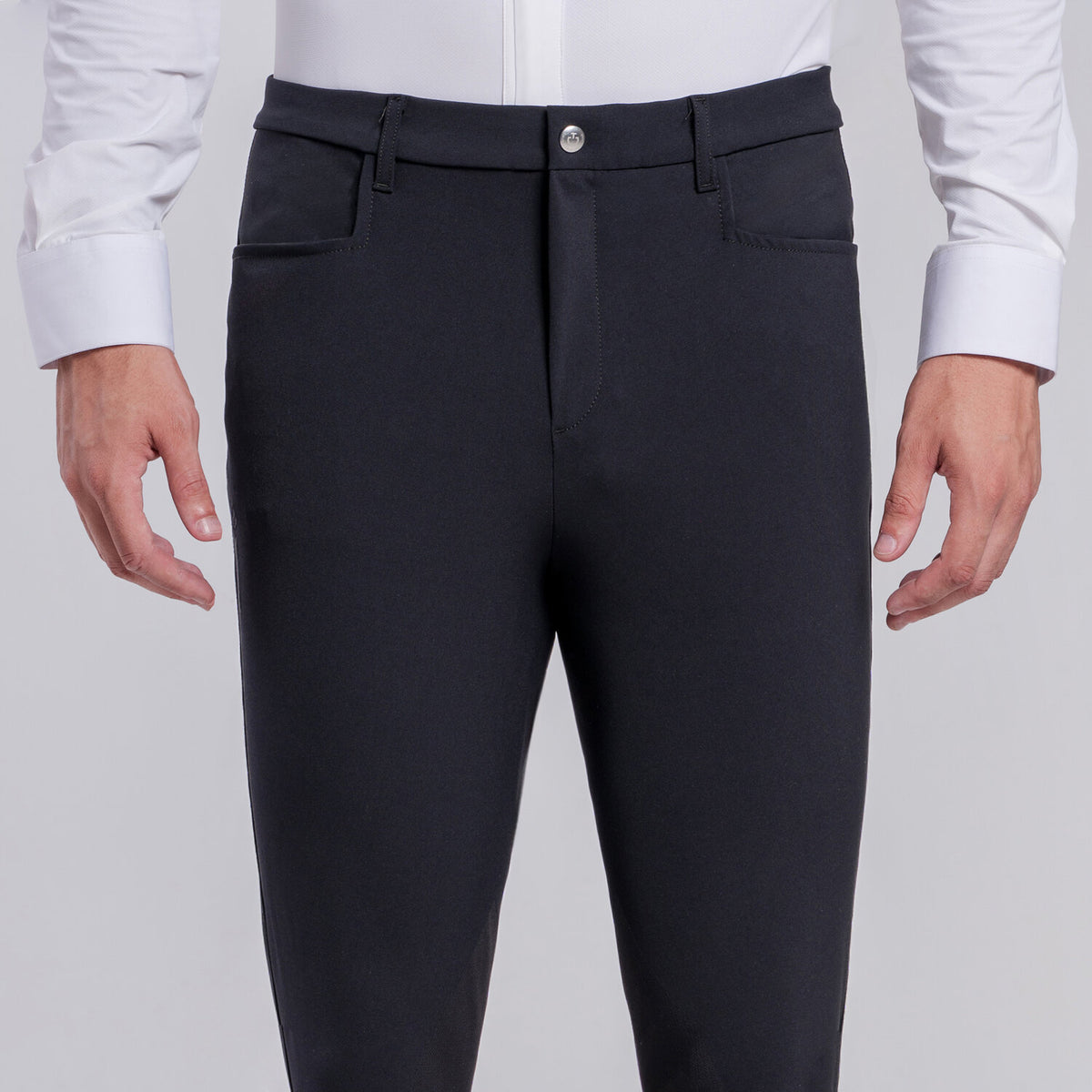 Front view of Cavalleria Toscana CT Mens Revolution Breeches featuring a tailored fit, belt loops, front pockets, zip thigh pocket and contrasting ankle cuffs.