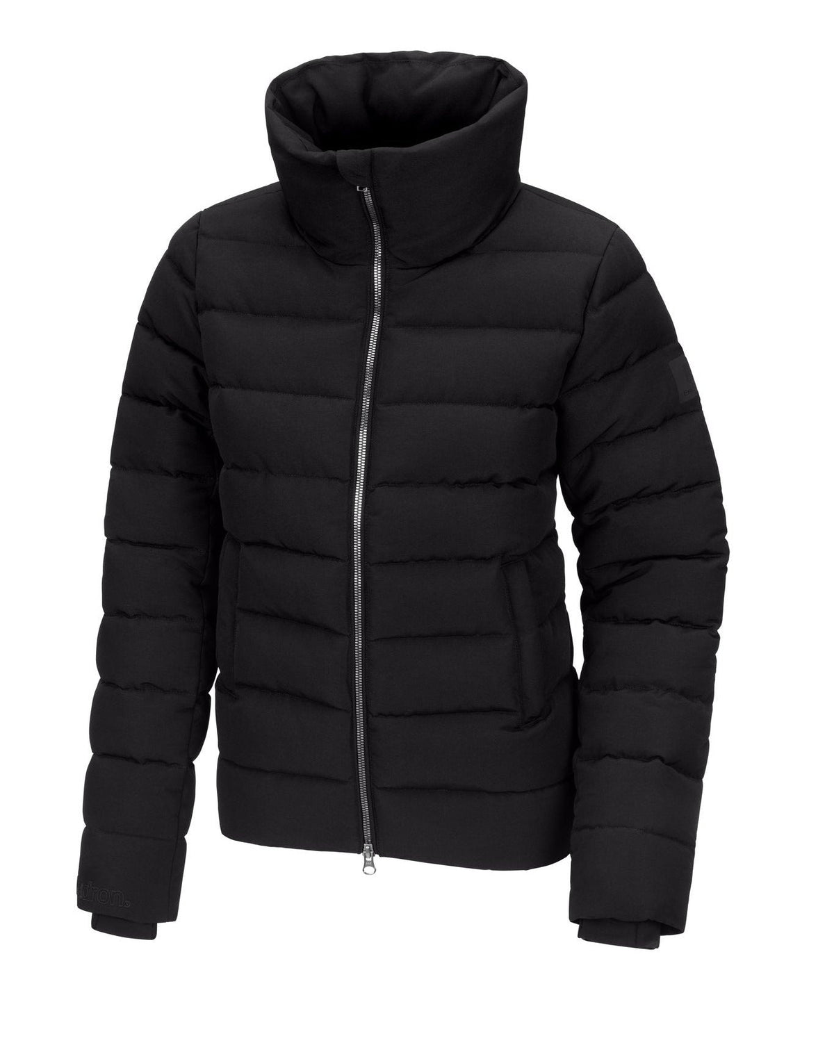 Black ladies padded equestrian riding jacket with warm quilted insulation, high protective collar, full-length two-way zip and fitted design for winter horse riding.