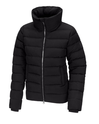 Black ladies padded equestrian riding jacket with warm quilted insulation, high protective collar, full-length two-way zip and fitted design for winter horse riding.