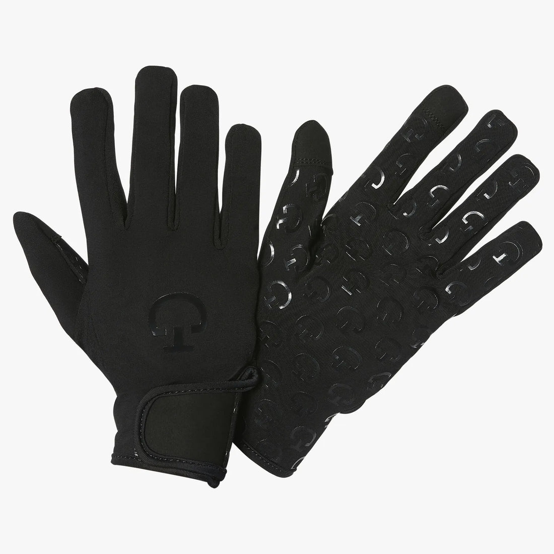 Cavalleria Toscana CT Winter Riding Gloves in navy blue, featuring a fleece lining, touchscreen fingertips, adjustable wrist straps and CT logo grip palms.