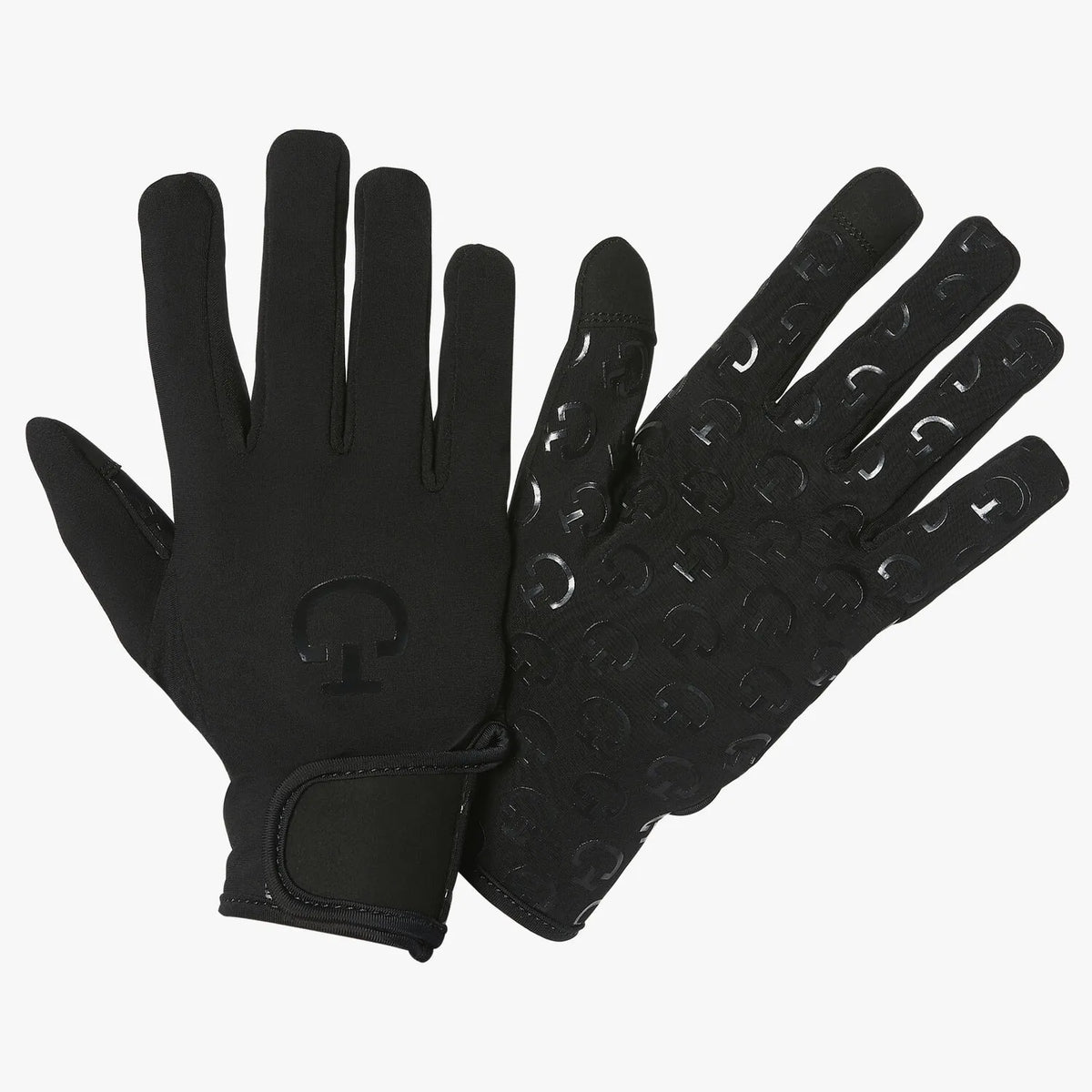 Cavalleria Toscana CT Winter Riding Gloves in navy blue, featuring a fleece lining, touchscreen fingertips, adjustable wrist straps and CT logo grip palms.