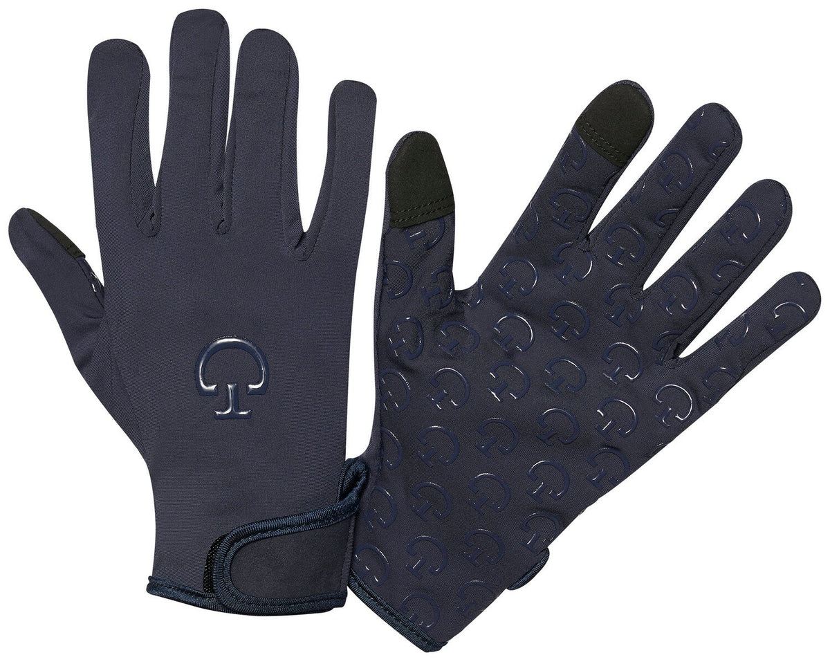 Cavalleria Toscana CT Winter Riding Gloves in navy blue, featuring a fleece lining, touchscreen fingertips, adjustable wrist straps and CT logo grip palms.