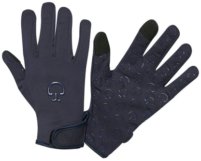 Cavalleria Toscana CT Winter Riding Gloves in navy blue, featuring a fleece lining, touchscreen fingertips, adjustable wrist straps and CT logo grip palms.