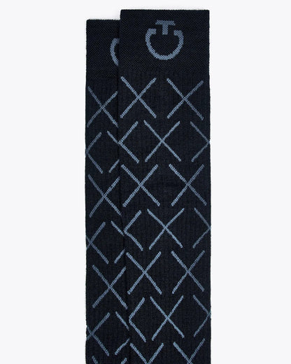 Close-up of Cavalleria Toscana CT Wool Riding Socks featuring an all-over geometric cross pattern, ribbed cuffs and signature CT logo detailing.